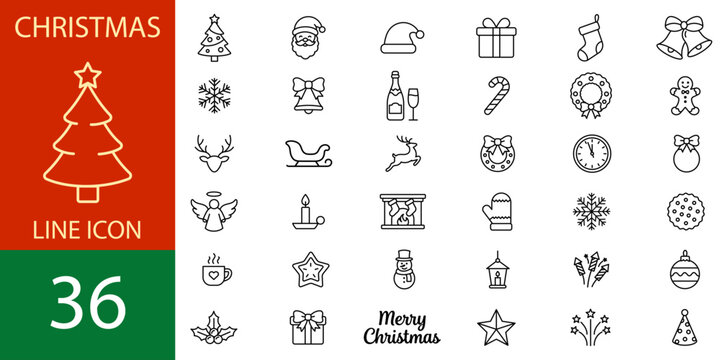 Set of 36 Christmas thin line icons with Santa Claus, Christmas tree, gift, reindeer, and holiday decorations isolated on white background, vector illustration Editable stroke
