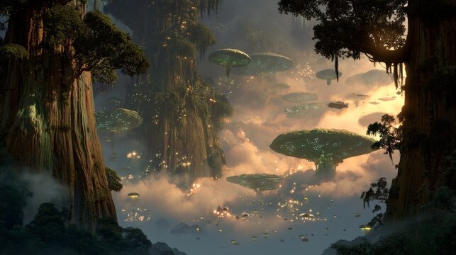 Colossal trees tower like mountains, their roots forming cities beneath glowing canopies where luminous creatures float through the mist.