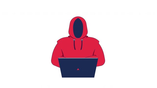 Anonymous hooded hacker using laptop 2D character animation. Online threat. Digital crime. Faceless programmer in sweatshirt typing animated person cartoon 4K video on transparent background