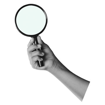 A hand holds a magnifying glass upright for inspection, isolated against a transparent background. No setting or time of day is shown.