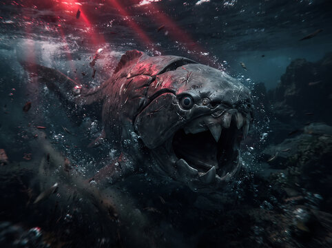 Prehistoric Dunkleosteus Fish Swimming Deep Underwater