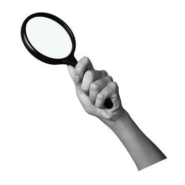A hand holds a magnifying glass against a transparent background, with no other objects or setting shown; the time and location are not specified.