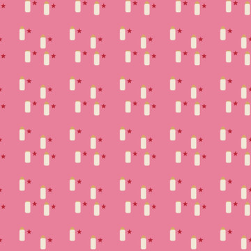 Pink Christmas Seamless Pattern with Cute Burning Candles and Tiny Stars, Retro Pastel Holiday Vector Background for Gift Wrap, Fabric Print, Wallpaper, Scrapbooking, and Seasonal Packaging