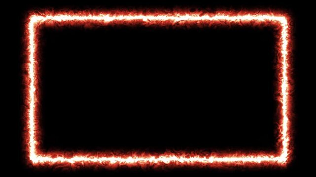 Burning fire rectangle frame with blazing flames on black background, animated flame border, empty copy space for text or video