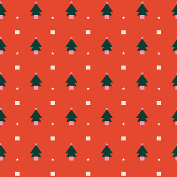 Christmas Seamless Pattern with Geometric Pine Trees and Polka Dots on Warm Red Background, Retro Minimal Holiday Vector for Gift Wrap, Fabric Print, Wallpaper, Scrapbooking, and Packaging