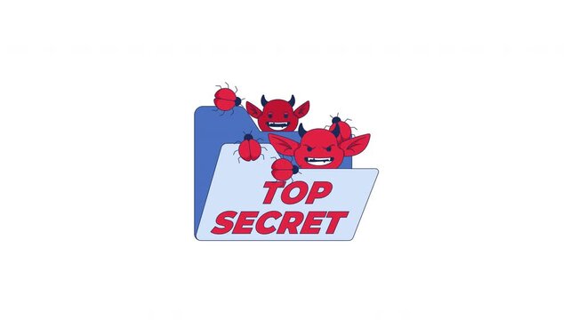 Top secret folder with devils and bugs 2D cartoon animation. Digital security threats. Malicious software infesting confidential file animated flat colorful element 4K video on transparent background
