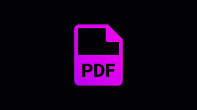Magenta pdf document icon featuring diagonal shine animation for file management systems and document reader software applications, high quality video footage pdf, document, shine, file, reader