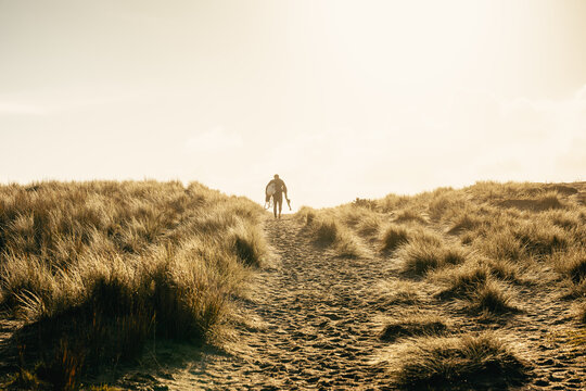 View of a person walking along a sandy path through tall dry grass towards the bright horizon at Cape Reinga, Northland Region, New Zealand.