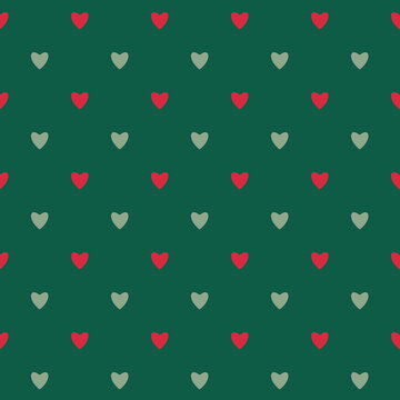 Green Christmas Seamless Pattern with Red and Gold Hearts, Cute Festive Holiday Background for Wrapping Paper and Fabric