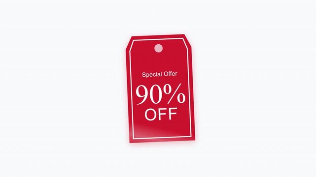 A vibrant red promotional price tag featuring a large ninety percent discount text for retail marketing campaigns and commercial shopping events helping customers find great bargain deals easily