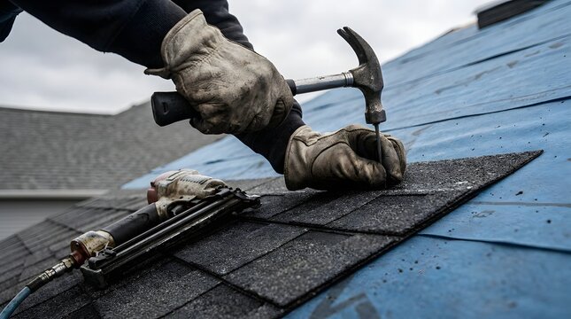 Detailed close-up of a roofer using a hammer to fasten asphalt shingles on a house roof during renovation work