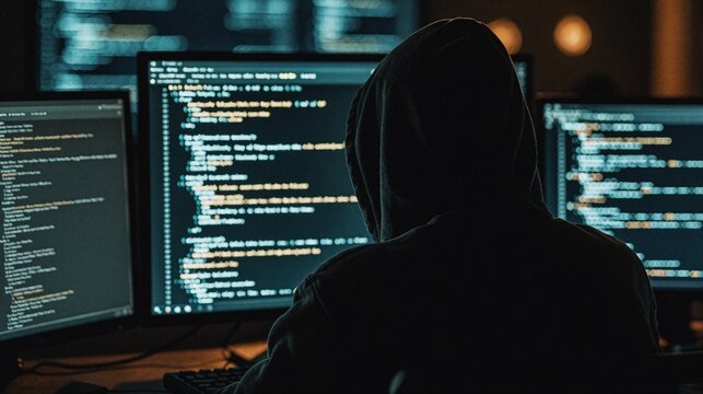 Hacker in Hoodie Coding Cyber Security Software Development with Multiple Monitors