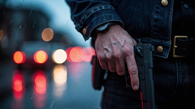 Armed Man Holding Handgun in Rainy City Street at Night