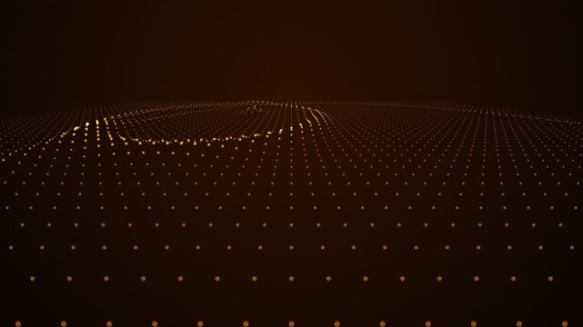 Abstract digital landscape of glowing orange dots forming a dynamic wave pattern across a dark background