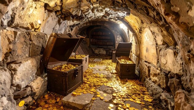 Hidden treasure cave filled with gold coins and vintage chests in underground tunnel