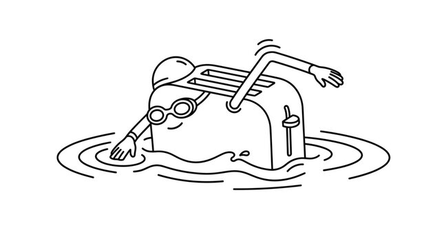 Anthropomorphic toaster swimming in water line art.