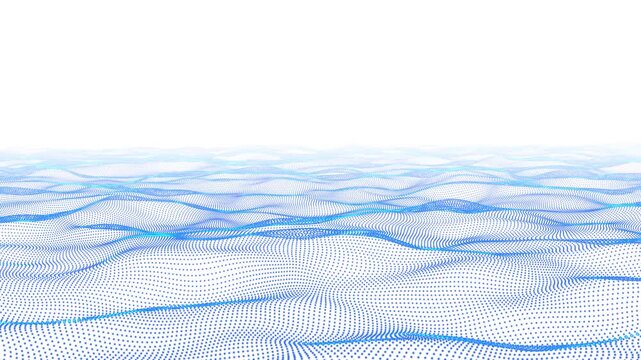Abstract white futuristic background with blue particle wave horizon perspective, digital light data terrain dynamic.