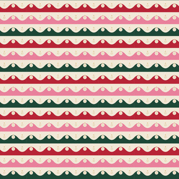 Christmas Seamless Pattern with Scalloped Wavy Stripes and Ribbon Trim in Red, Pink, and Dark Green, Retro Festive Holiday Vector for Gift Wrap, Fabric Print, Wallpaper, and Scrapbooking