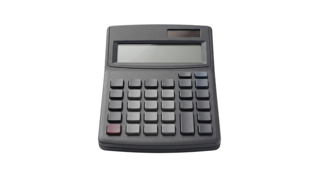 A dark gray desktop calculator with a rectangular display and numeric keypad rests on a white surface computing numerical