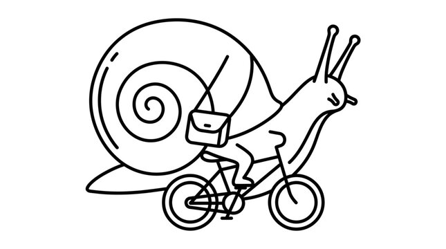 Snail riding a bicycle with a messenger bag.