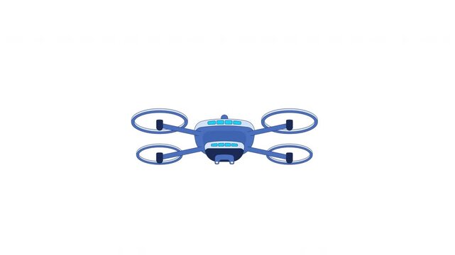 Surveillance drone quadcopter flying 2D cartoon animation. Autonomous tech. Military reconnaissance. Unmanned aerial vehicle piloting animated flat colorful element 4K video on transparent background