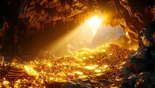 Hidden underground cavern illuminated by golden sunlight with treasure heap
