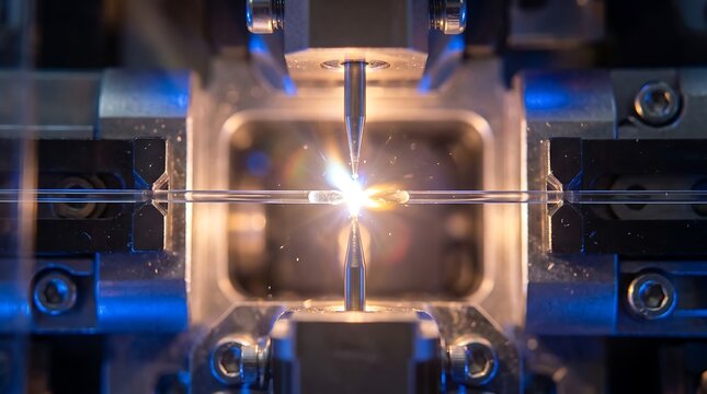 Fiber optic fusion splicer machine welding optical fibers together with electric arc in hightech manufacturing laboratory