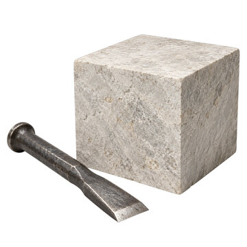 Masonic stone cube and chisel isolated on transparent background PNG cutout