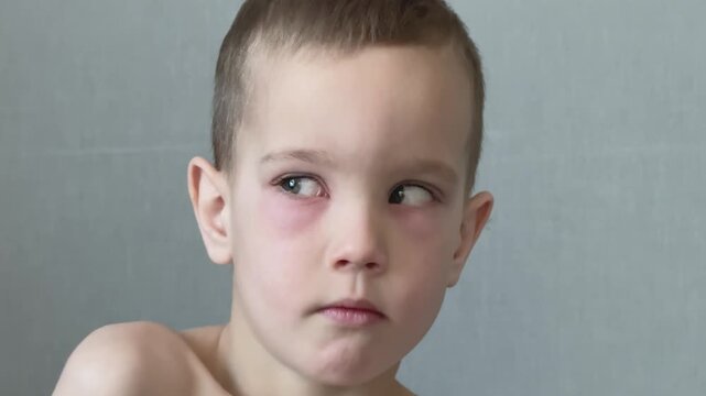 A five year old boy looks to the side with itchy, swollen eyelids during a spring pollen allergy episode. 