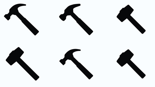 Vector set of black hammer silhouettes, including claw hammers and sledgehammers or mallets, isolated on a clean white background
