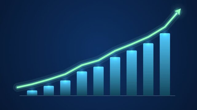 Bar chart showing steady growth with an upward trending green arrow indicating success and progress over time