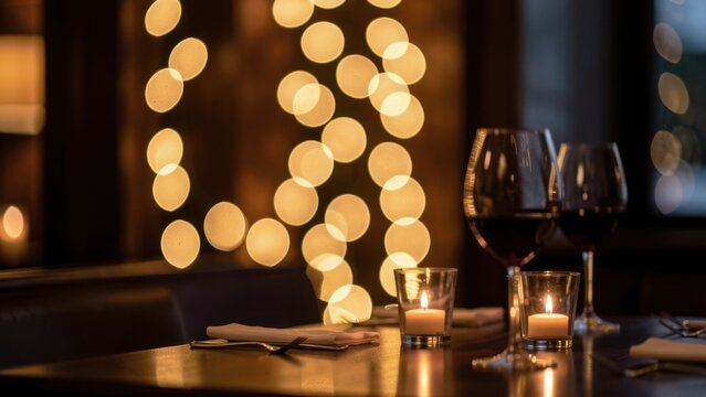 romantic upscale restaurant bokeh background with soft golden light circles and dark mood for elegant advertising