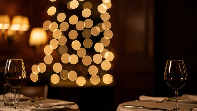romantic upscale restaurant bokeh background with soft golden light circles and dark mood for elegant advertising