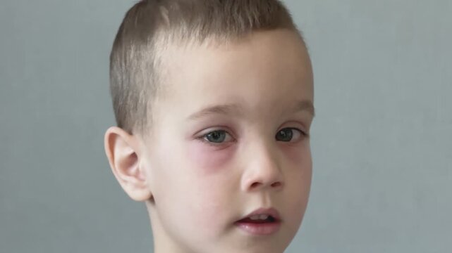 A five year old boy has watery, irritated eyes during spring hay fever triggered by flowering plants. 
