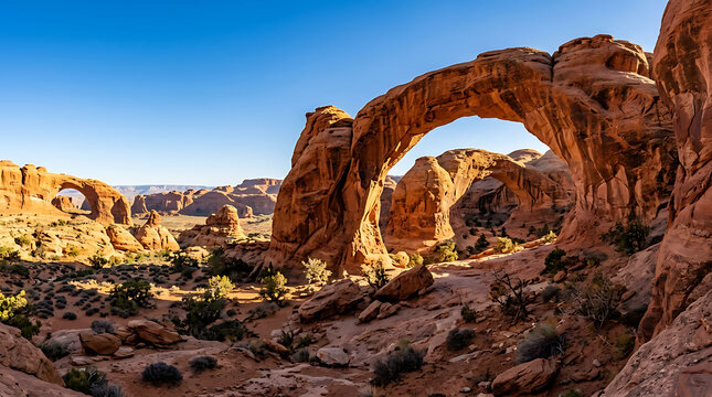 Natural sandstone arches formation in desert landscape under clear sky
