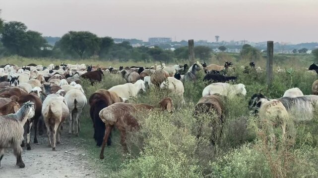 Wide angle scenic view of a large herd of sheep and goats walking along a rustic path and grazing in a lush rural pasture during the evening golden hour. Authentic countryside livestock farming, 