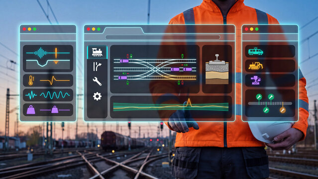 Railway maintenance and train traffic control: rail worker using holographic interface with track switching scheme, routing of trains, rail defect detection and railroad tracks inspection schedule.