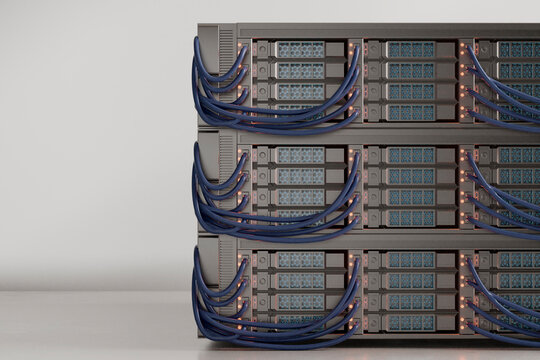 Network Server Rack with Connected Ethernet Cables