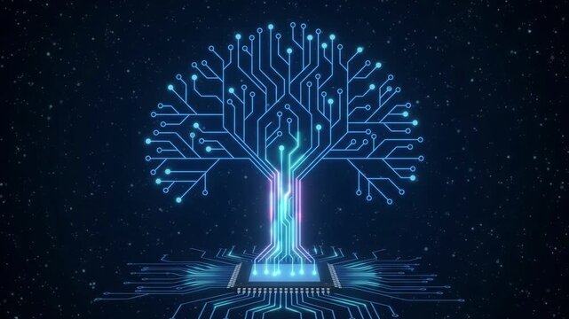 Glowing digital circuit tree technology network background artwork artificial intelligence microchip cyber environment smart growth futuristic data branch motherboard line connection concept