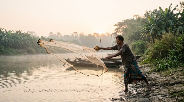 Fisherman casting a large net from the riverbank at sunrise