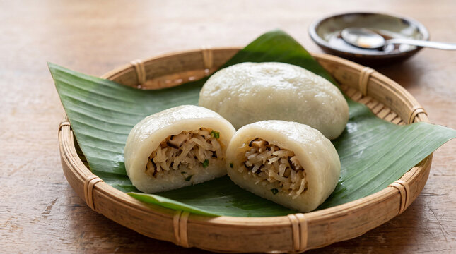 Hakka rice dumplings with shredded radish and mushroom filling in a bamboo basket