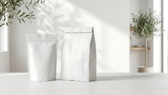 Minimalist white product packaging mockup featuring a paper bag and a plastic stand-up pouch on a white wooden table with soft leaf shadows and olive plants in a bright interior