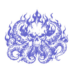 Flaming octopus skull illustration with intricate tentacles and fire © Bang