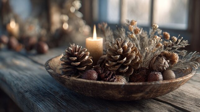 rustic Christmas centerpiece with pinecones,