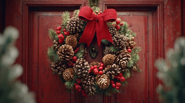 rustic Christmas wreath made of pinecones, berries, and red ribbon on door,