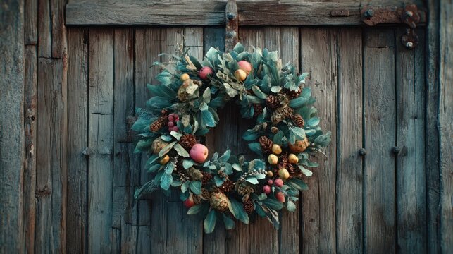 rustic Christmas wreath on old wooden door,