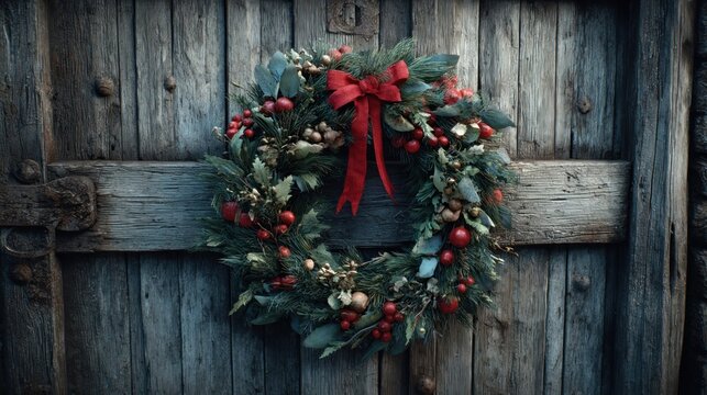 rustic Christmas wreath on old wooden door,