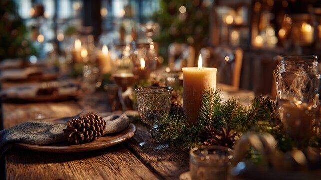 rustic dining table with pine branches and candles prepared for Christmas feast,