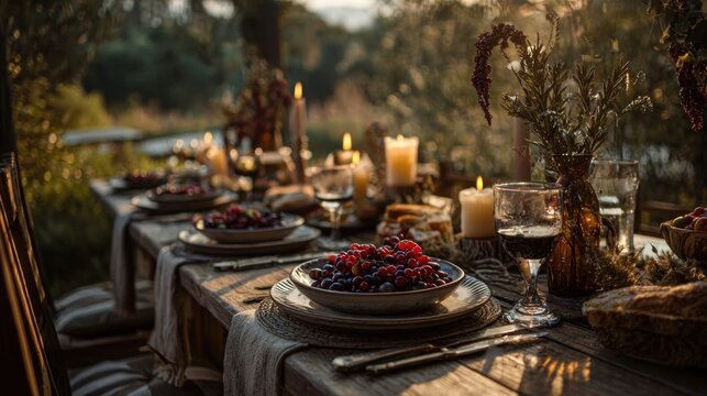 rustic festive table setting during sunset,