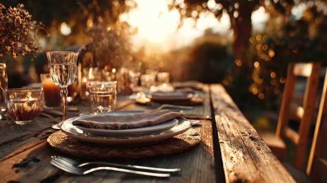 rustic festive table setting during sunset,